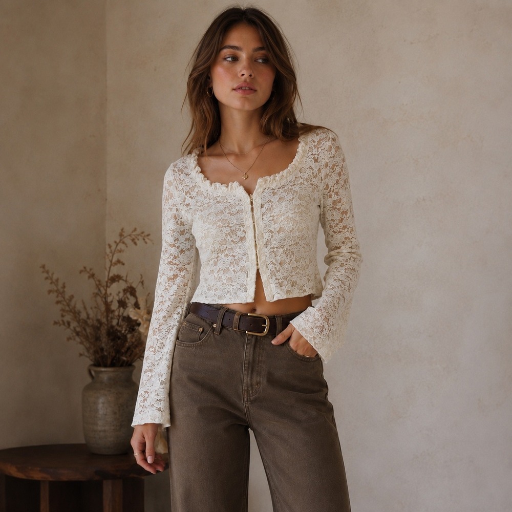 Vestique Womens M Lace Crop Top Cream Coquette Boho Cottagecore Fairy Feminine